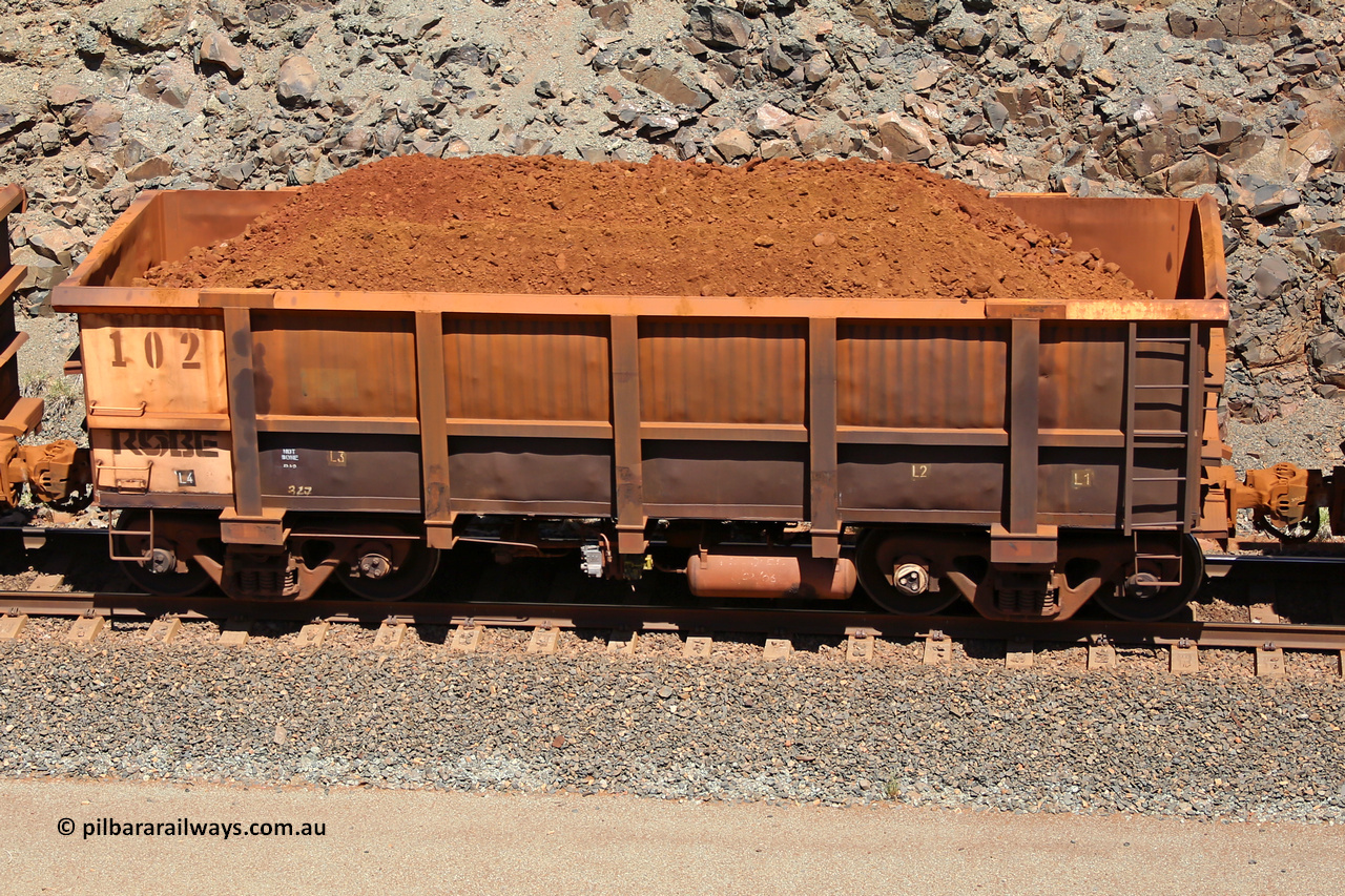0102 160306 1534
Robe River ore waggon 102, side looks to have been repaired by Centurion Industries WA, note waybill holder and no plate indication, fixed coupler non-handbrake side loaded view at the 45 km, Harding Siding on the Cape Lambert line. March 6, 2016.
Keywords: 102;Nippon-Sharyo-Nihon;Robe-ore-waggon;