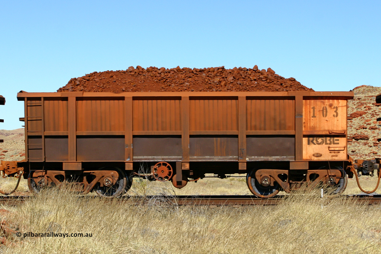 0103 060722 7524
Robe River ore waggon 103, built by Nippon Sharyo Nihon, handbrake side loaded view at the 78.8 km between Western Creek and Maitland on the Deepdale line. July 22, 2006.
Keywords: 103;Nippon-Sharyo-Nihon;Robe-ore-waggon;