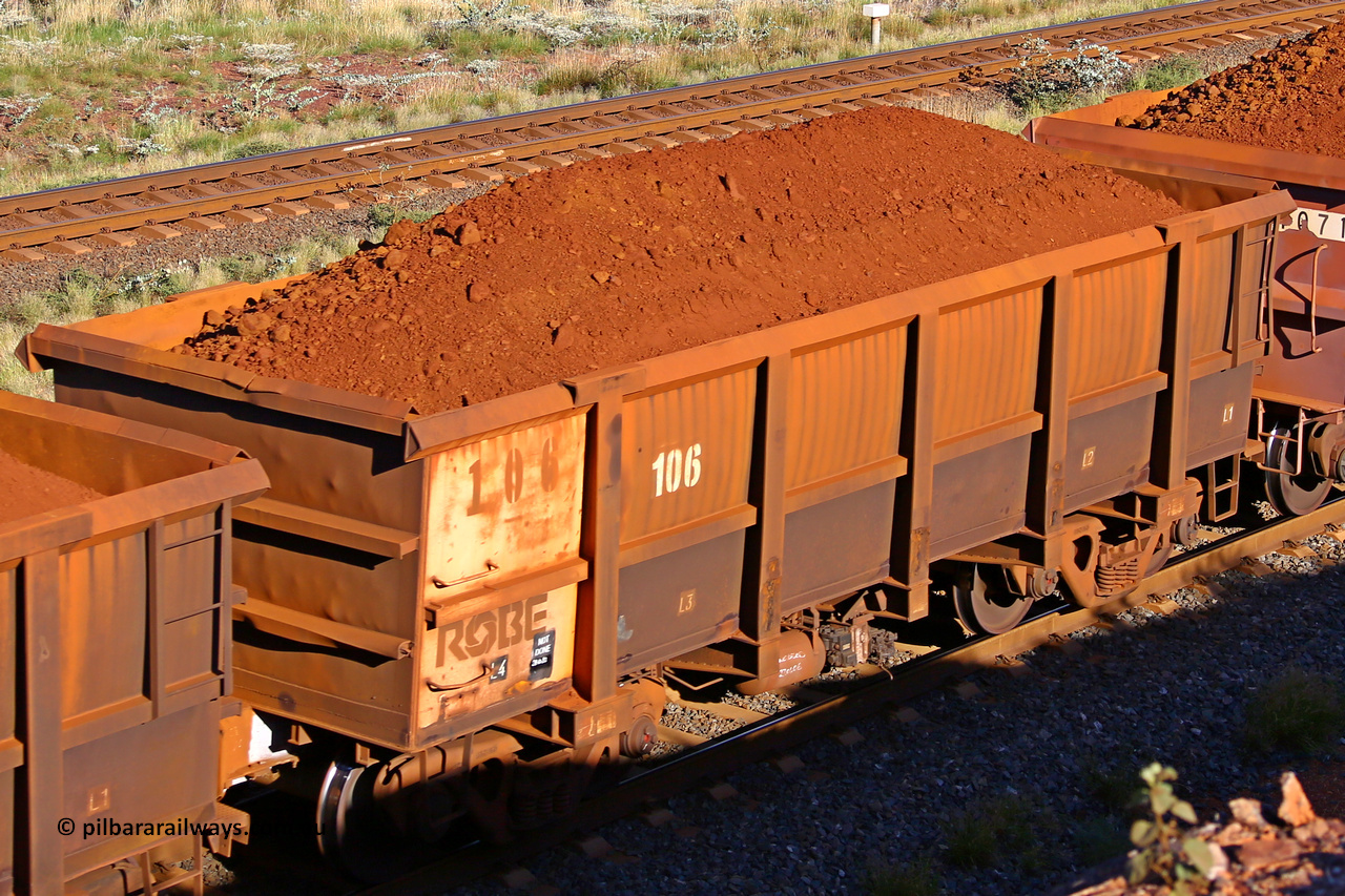 0106 210322 9773
Robe River ore waggon 106, built by Nippon Sharyo Nihon, rotary coupler end non-handbrake side loaded view at the 17 km on the Cape Lambert line, March 22, 2021.
Keywords: 106;Nippon-Sharyo-Nihon;Robe-ore-waggon;