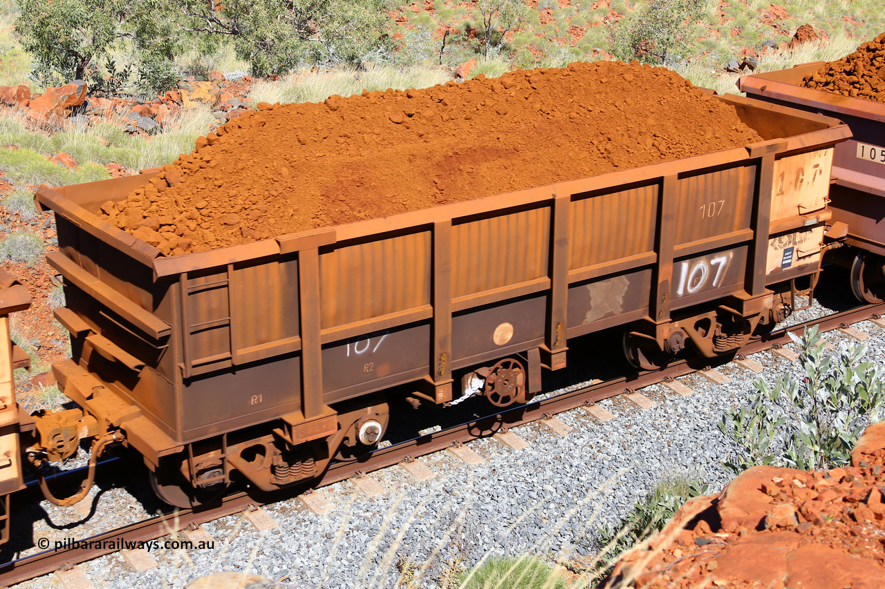 0107 180616 1853
Robe River ore waggon 107, built by Nippon Sharyo Nihon, fixed coupler handbrake side loaded view at Maitland Siding on the Deepdale line, June 16, 2018.
Keywords: 107;Nippon-Sharyo-Nihon;Robe-ore-waggon;