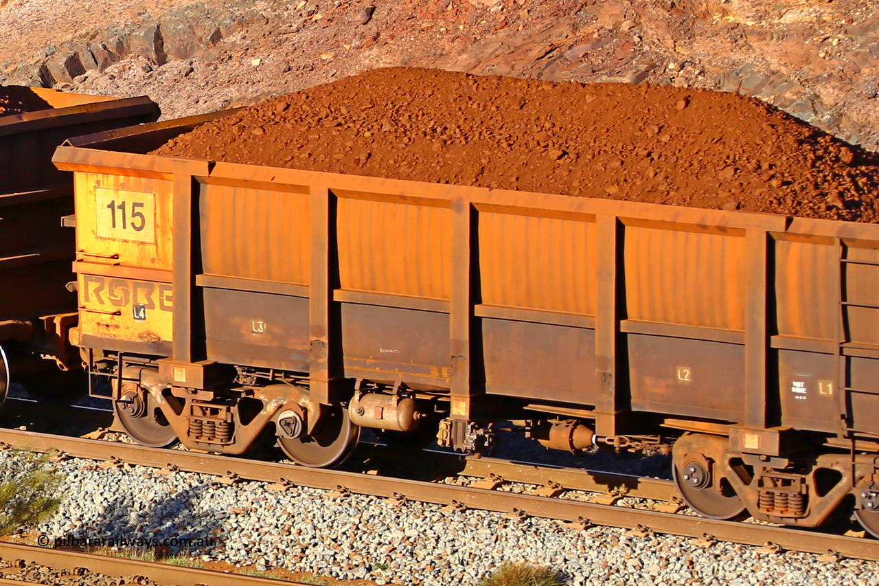 0115 180616 1643
Robe River ore waggon 115, built by Nippon Sharyo Nihon, fixed coupler non-handbrake side loaded view at the 38.5 km, Harding on the Cape Lambert line, June 16, 2018.
Keywords: 115;Nippon-Sharyo-Nihon;Robe-ore-waggon;