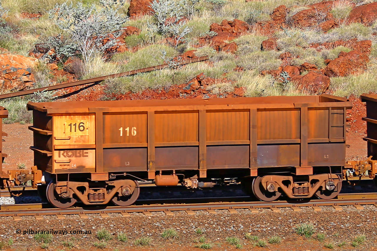 0116 180616 1698
Robe River ore waggon 116, built by Nippon Sharyo Nihon, rotary coupler end non-handbrake side empty view at the 38 km, Harding on the Cape Lambert line, June 16, 2018.
Keywords: 116;Nippon-Sharyo-Nihon;Robe-ore-waggon;
