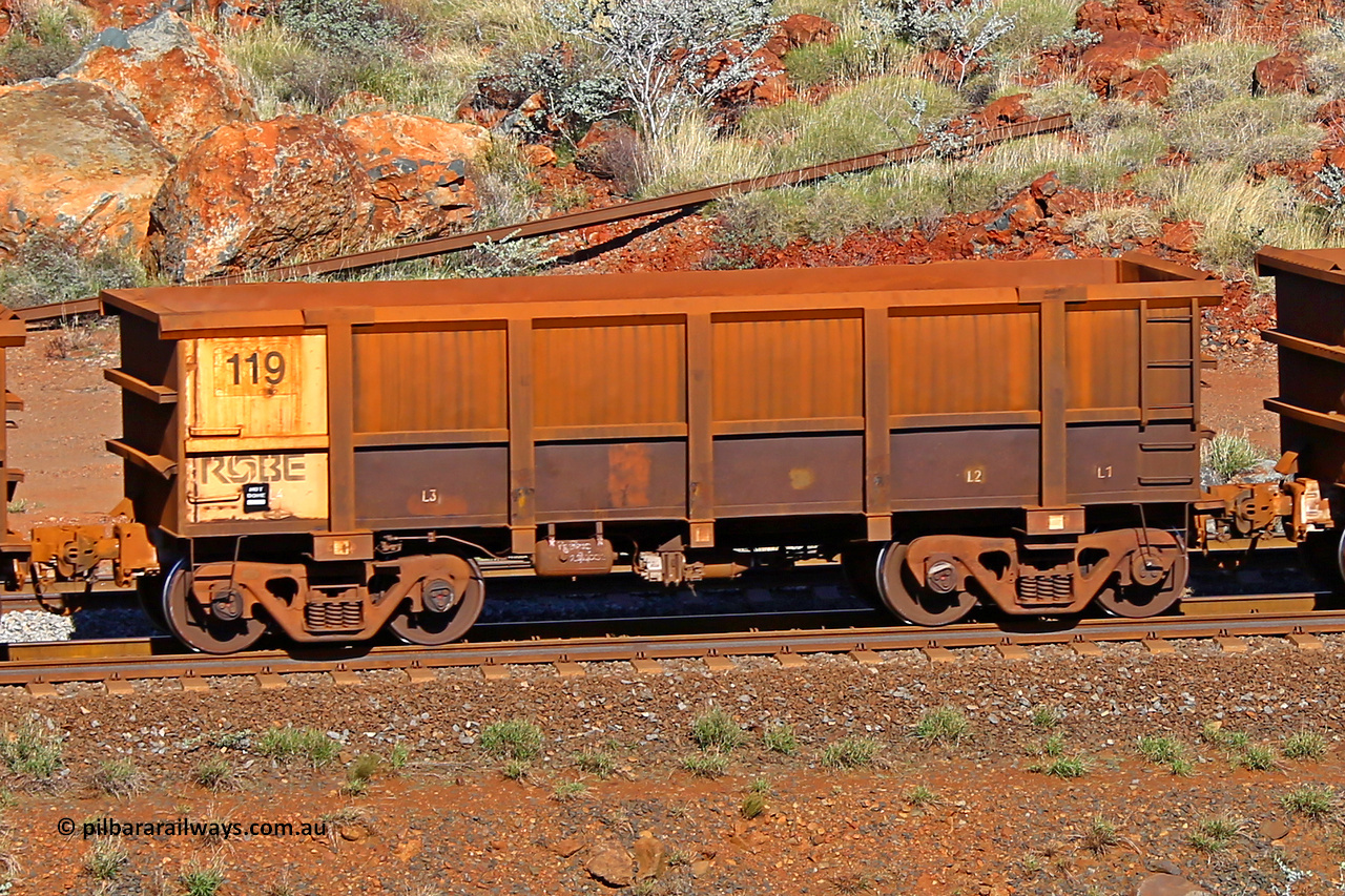 0119 180616 1705
Robe River ore waggon 119, built by Nippon Sharyo Nihon, rotary coupler end non-handbrake side empty view at the 38 km, Harding on the Cape Lambert line, June 16, 2018.
Keywords: 119;Nippon-Sharyo-Nihon;Robe-ore-waggon;
