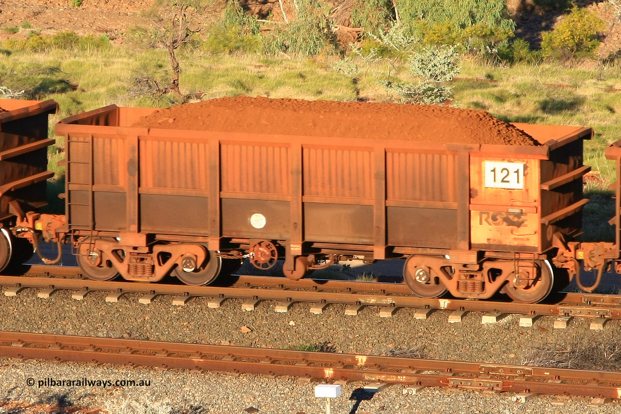 0121 110602 1613
Robe River ore waggon 121, built by Nippon Sharyo Nihon, rotary coupler end handbrake side loaded view at the 71 km, Western Creek on the Deepdale line. June 2, 2011.
Keywords: 121;Nippon-Sharyo-Nihon;Robe-ore-waggon;