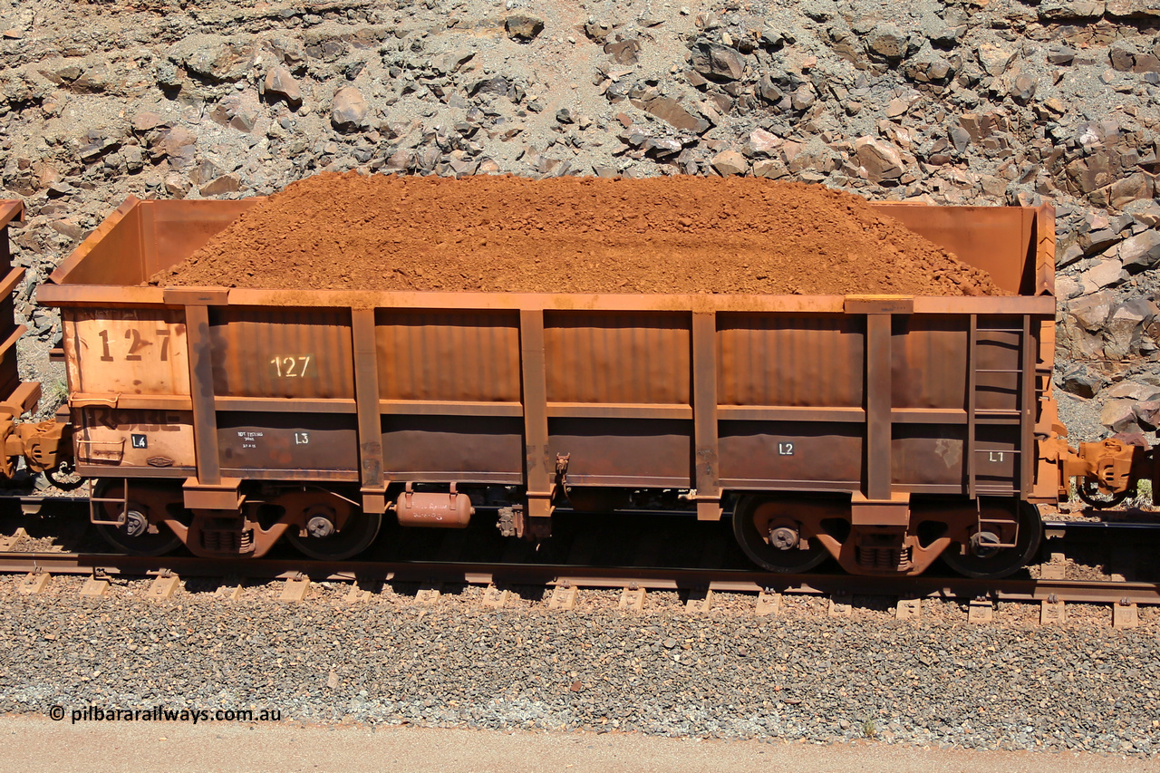 0127 160306 1557
Robe River ore waggon 127, built by Nippon Sharyo Nihon, fixed coupler non-handbrake side loaded view at the 45 km, Harding Siding on the Cape Lambert line. March 6, 2016.
Keywords: 127;Nippon-Sharyo-Nihon;Robe-ore-waggon;