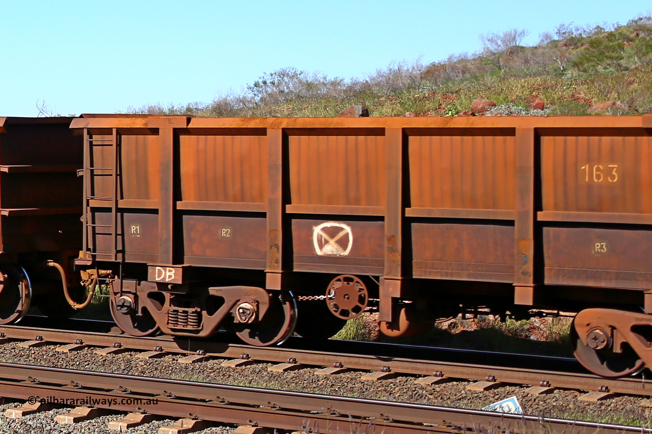 0163 160727 0961
Robe River ore waggon 163, built by Nippon Sharyo Nihon, handbrake side empty partial view at Harding Siding on the Cape Lambert line, July 27, 2016.
Keywords: 163;Nippon-Sharyo-Nihon;Robe-ore-waggon;