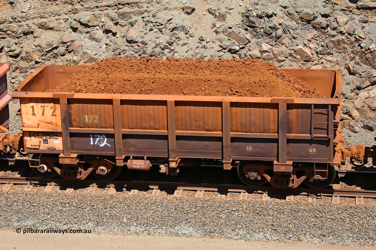0172 160306 1571
Robe River ore waggon 172, built by Nippon Sharyo Nihon, fixed coupler non-handbrake side loaded view at the 45 km, Harding Siding on the Cape Lambert line. March 6, 2016.
Keywords: 172;Nippon-Sharyo-Nihon;Robe-ore-waggon;