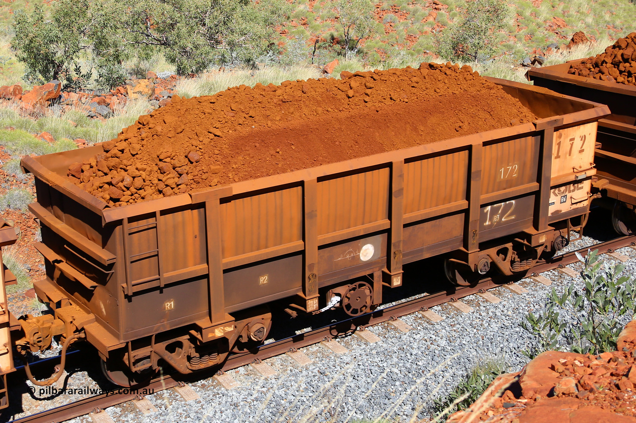 0172 180616 1869
Robe River ore waggon 172, built by Nippon Sharyo Nihon, fixed coupler handbrake side loaded view at Maitland Siding on the Deepdale line, June 16, 2018.
Keywords: 172;Nippon-Sharyo-Nihon;Robe-ore-waggon;