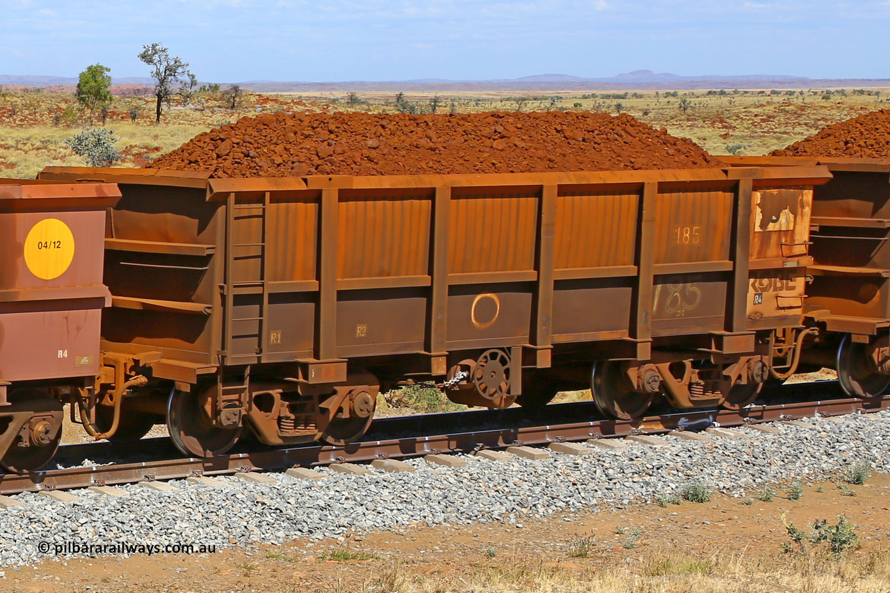 0185 170729 0204
Robe River ore waggon 185, built by Nippon Sharyo Nihon, fixed coupler handbrake side loaded view at the 103 km, between Maitland Siding and the Fortescue River on the Deepdale line. July 29, 2017.
Keywords: 185;Nippon-Sharyo-Nihon;Robe-ore-waggon;