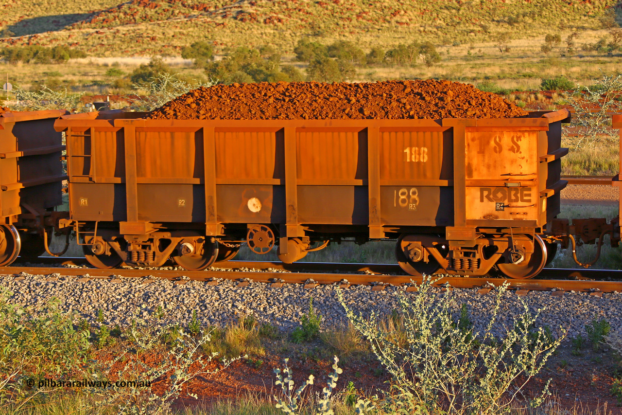 0188 170513 8642
Robe River ore waggon 188, built by Nippon Sharyo Nihon, rotary coupler end handbrake side loaded view, Cape Lambert yard, May 13, 2017.
Keywords: 188;Nippon-Sharyo-Nihon;Robe-ore-waggon;