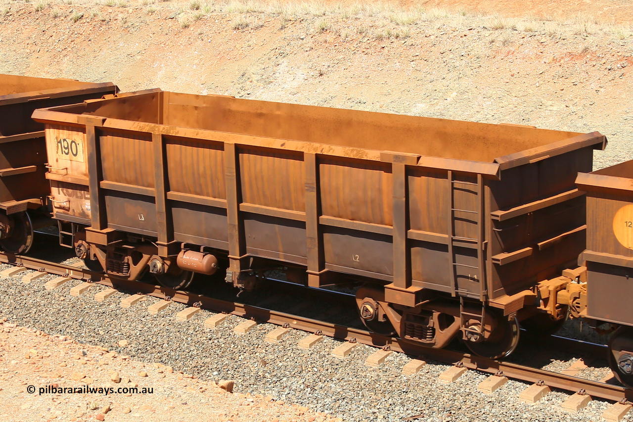 0190 160306 1347
Robe River ore waggon 190, built by Nippon Sharyo Nihon, fixed coupler non-handbrake side empty view at Greenpool on the Cape Lambert line. March 6, 2016.
Keywords: 190;Nippon-Sharyo-Nihon;Robe-ore-waggon;