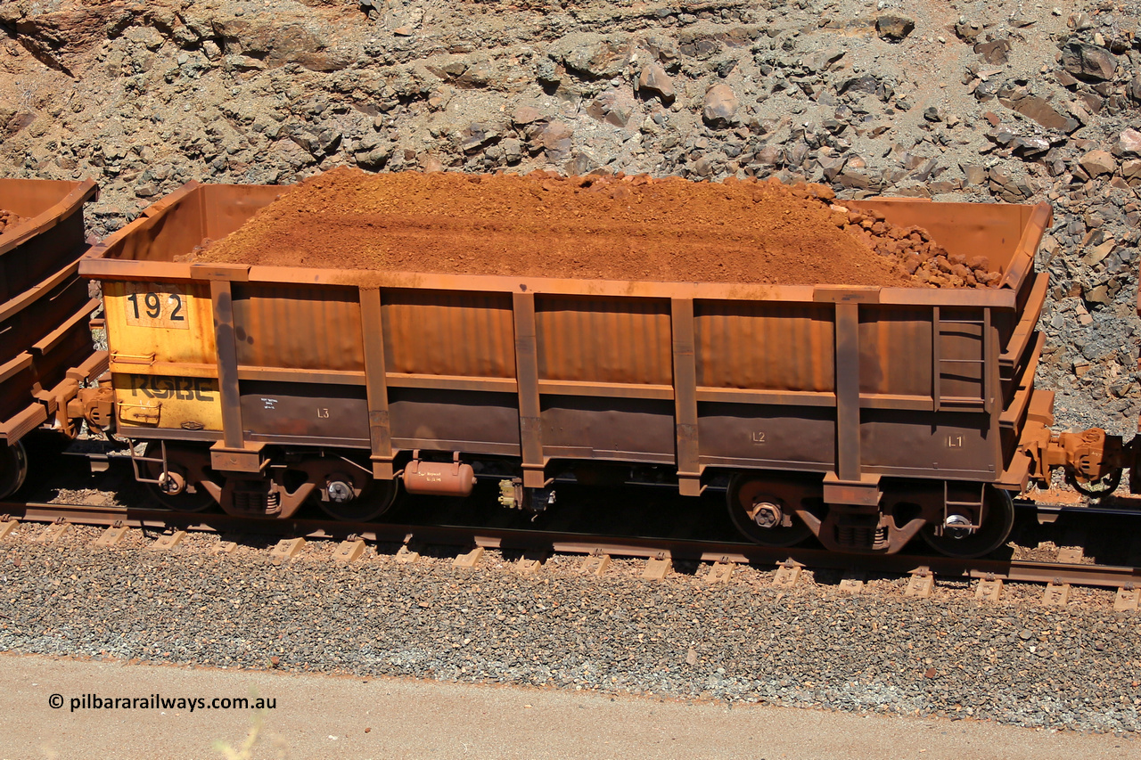 0192 160306 1635
Robe River ore waggon 192, built by Nippon Sharyo Nihon, fixed coupler non-handbrake side loaded view at the 45 km, Harding Siding on the Cape Lambert line. March 6, 2016.
Keywords: 192;Nippon-Sharyo-Nihon;Robe-ore-waggon;