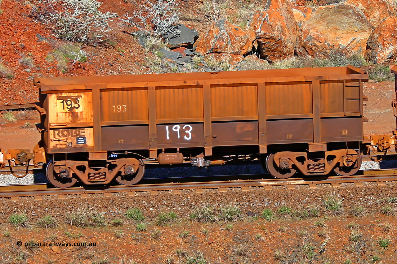 0193 180616 1736
Robe River ore waggon 193, built by Nippon Sharyo Nihon, rotary coupler end non-handbrake side empty view at the 38 km, Harding on the Cape Lambert line, June 16, 2018.
Keywords: 193;Nippon-Sharyo-Nihon;Robe-ore-waggon;