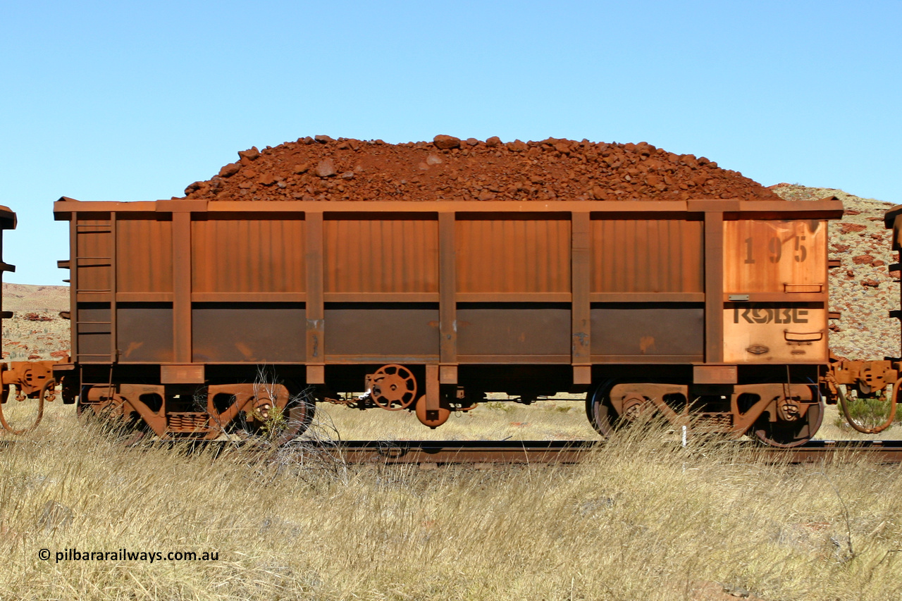 0195 060722 7528
Robe River ore waggon 195, built by Nippon Sharyo Nihon, handbrake side loaded view at the 78.8 km between Western Creek and Maitland on the Deepdale line. July 22, 2006.
Keywords: 195;Nippon-Sharyo-Nihon;Robe-ore-waggon;