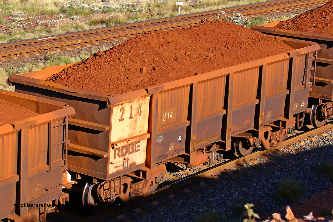 0214 210322 9767
Robe River ore waggon 214, built by Nippon Sharyo Nihon, rotary coupler end non-handbrake side loaded view at the 17 km on the Cape Lambert line, March 22, 2021.
Keywords: 214;Nippon-Sharyo-Nihon;Robe-ore-waggon;
