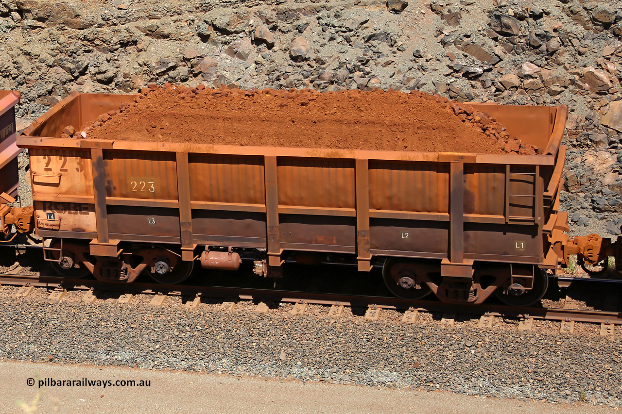 0223 160306 1631
Robe River ore waggon 223, built by Nippon Sharyo Nihon, fixed coupler non-handbrake side loaded view at the 45 km, Harding Siding on the Cape Lambert line. March 6, 2016.
Keywords: 223;Nippon-Sharyo-Nihon;Robe-ore-waggon;