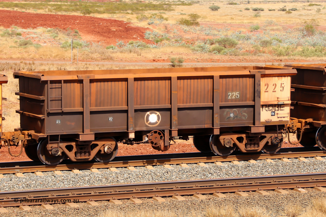 0225 141124 6814
Robe River ore waggon 225, built by Nippon Sharyo Nihon, fixed coupler handbrake side empty view at the 25 km at Arches Siding on the Cape Lambert line. November 24, 2014.
Keywords: 225;Nippon-Sharyo-Nihon;Robe-ore-waggon;