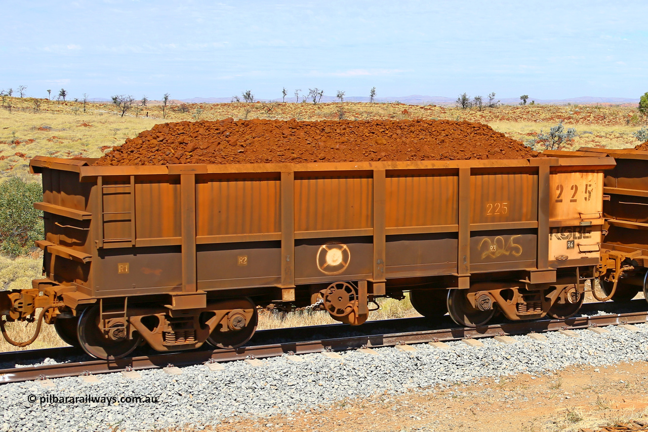 0225 170729 0206
Robe River ore waggon 225, built by Nippon Sharyo Nihon, fixed coupler handbrake side loaded view at the 103 km, between Maitland Siding and the Fortescue River on the Deepdale line. July 29, 2017.
Keywords: 225;Nippon-Sharyo-Nihon;Robe-ore-waggon;