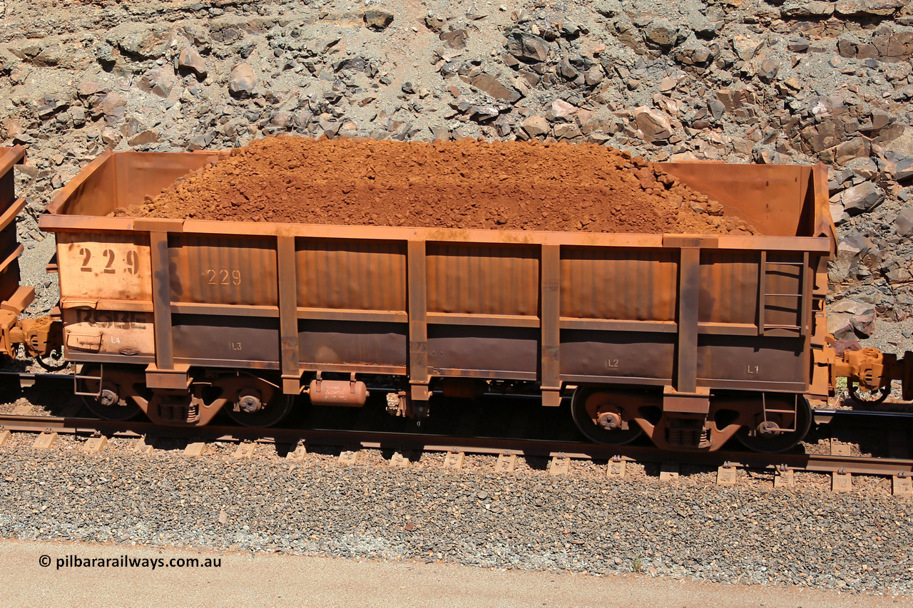 0229 160306 1591
Robe River ore waggon 229, built by Nippon Sharyo Nihon, fixed coupler non-handbrake side loaded view at the 45 km, Harding Siding on the Cape Lambert line. March 6, 2016.
Keywords: 229;Nippon-Sharyo-Nihon;Robe-ore-waggon;