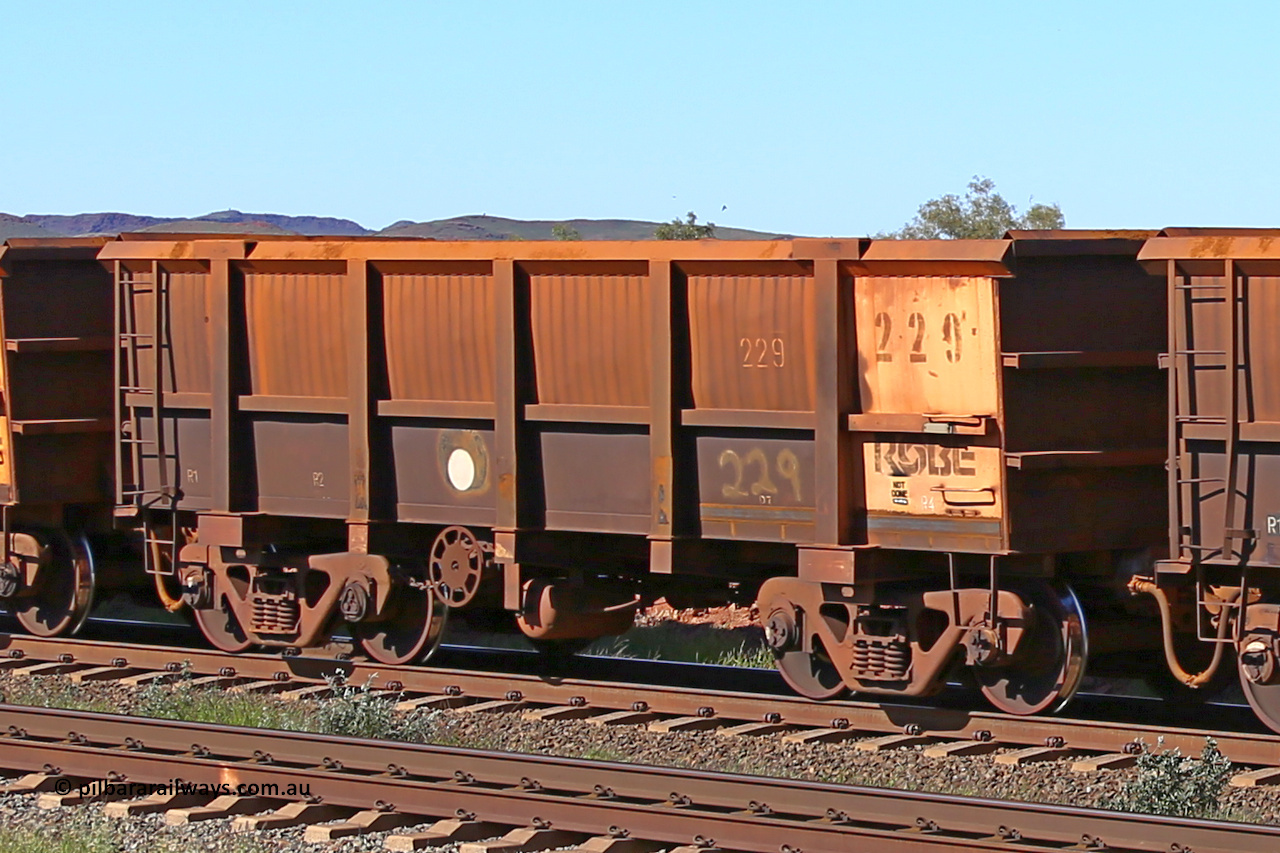 0229 160727 0975
Robe River ore waggon 229, built by Nippon Sharyo Nihon, rotary coupler end handbrake side empty view at Harding Siding on the Cape Lambert line, July 27, 2016.
Keywords: 229;Nippon-Sharyo-Nihon;Robe-ore-waggon;
