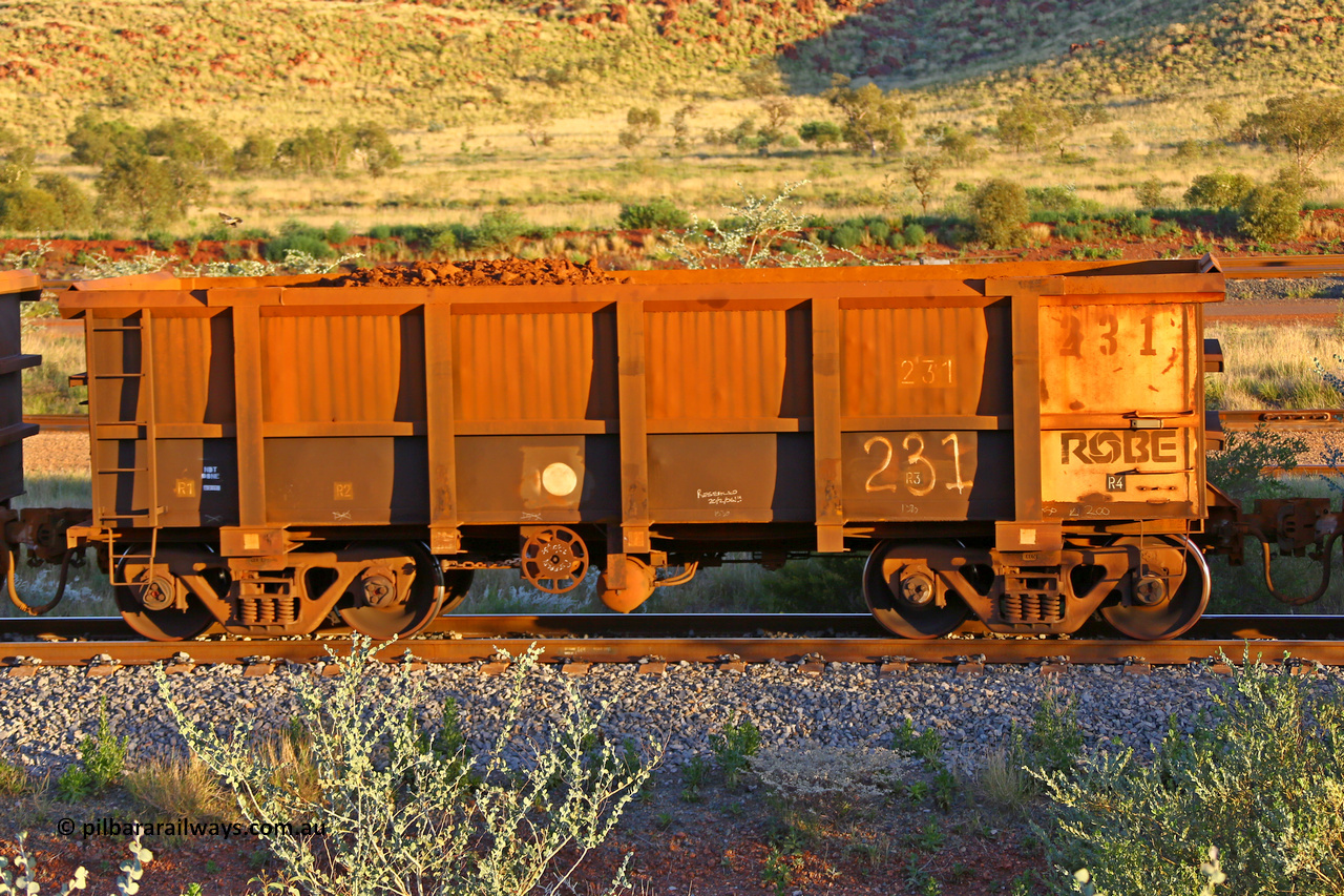 0231 170513 8764
Robe River ore waggon 231, built by Nippon Sharyo Nihon, handbrake side partially loaded view, Cape Lambert yard, May 13, 2017.
Keywords: 231;Nippon-Sharyo-Nihon;Robe-ore-waggon;