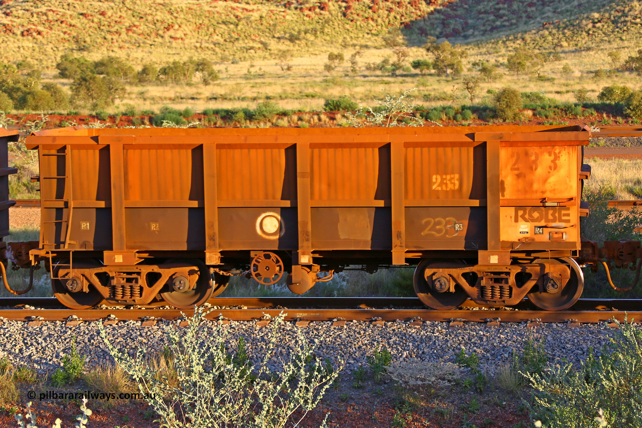 0233 170513 8779
Robe River ore waggon 233, built by Nippon Sharyo Nihon, handbrake side empty view, Cape Lambert yard, May 13, 2017.
Keywords: 233;Nippon-Sharyo-Nihon;Robe-ore-waggon;