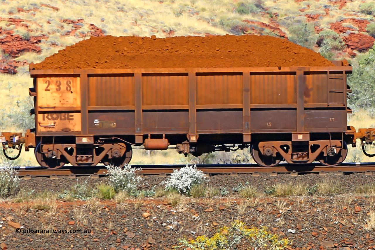 0238 170728 09922
Robe River ore waggon 238, built by Nippon Sharyo Nihon, non-handbrake side loaded view at the 72 km, Western Creek on the Deepdale line. July 28, 2017.
Keywords: 238;Nippon-Sharyo-Nihon;Robe-ore-waggon;