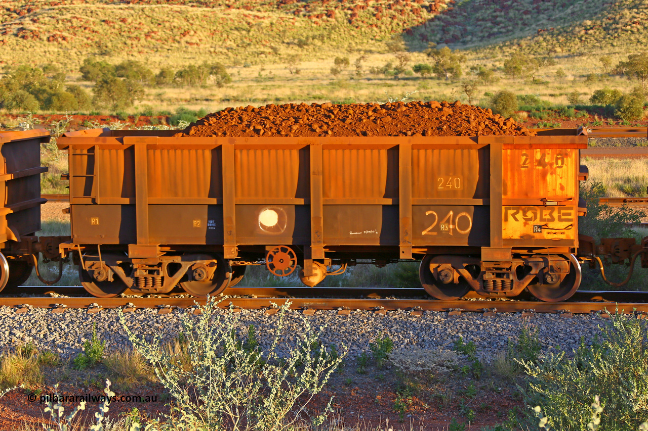 0240 170513 8744
Robe River ore waggon 240, built by Nippon Sharyo Nihon, handbrake side loaded view, Cape Lambert yard, May 13, 2017.
Keywords: 240;Nippon-Sharyo-Nihon;Robe-ore-waggon;
