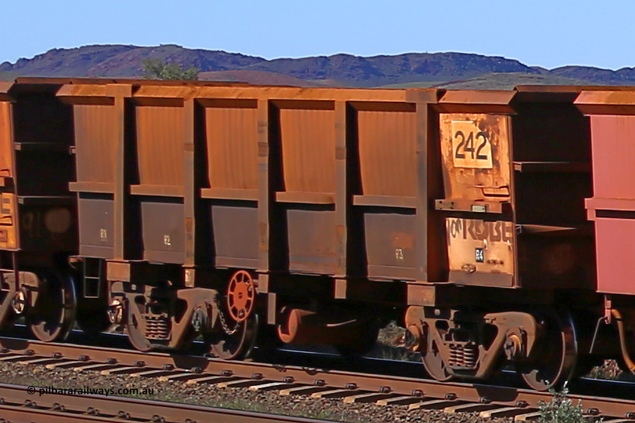 0242 160727 0949
Robe River ore waggon 242, built by Nippon Sharyo Nihon, rotary coupler end handbrake side empty view at Harding Siding on the Cape Lambert line, July 27, 2016.
Keywords: 242;Nippon-Sharyo-Nihon;Robe-ore-waggon;