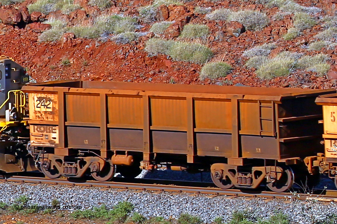 0242 180616 1691
Robe River ore waggon 242, built by Nippon Sharyo Nihon, rotary coupler end non-handbrake side empty view at the 38 km, Harding on the Cape Lambert line, June 16, 2018.
Keywords: 242;Nippon-Sharyo-Nihon;Robe-ore-waggon;