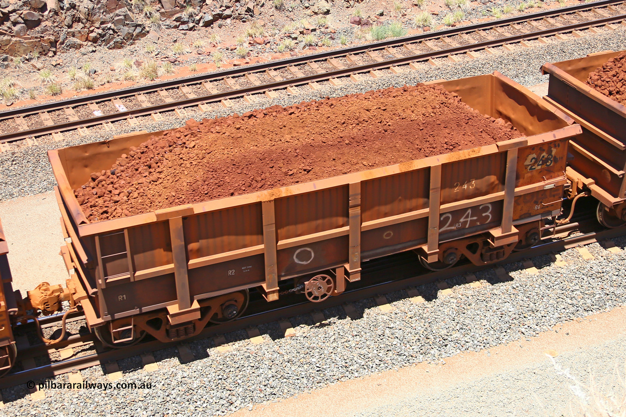 0243 160306 1475
Robe River ore waggon 243, built by Nippon Sharyo Nihon, fixed coupler handbrake side loaded view at the 45 km, Harding Siding on the Cape Lambert line. March 6, 2016.
Keywords: 243;Nippon-Sharyo-Nihon;Robe-ore-waggon;