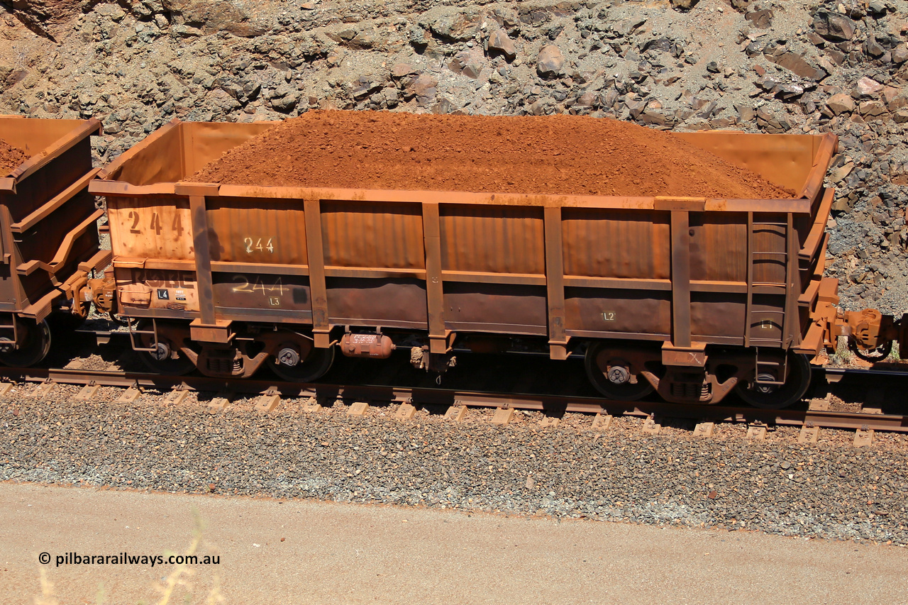 0244 160306 1653
Robe River ore waggon 244, built by Nippon Sharyo Nihon, fixed coupler non-handbrake side loaded view at the 45 km, Harding Siding on the Cape Lambert line. March 6, 2016.
Keywords: 244;Nippon-Sharyo-Nihon;Robe-ore-waggon;