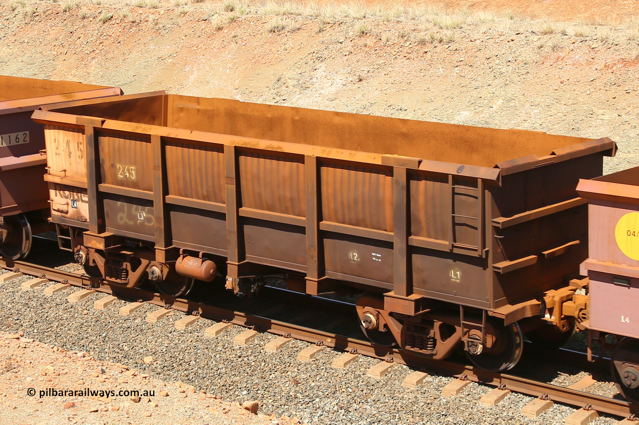 0245 160306 1267
Robe River ore waggon 245, built by Nippon Sharyo Nihon, fixed coupler non-handbrake side empty view at Greenpool on the Cape Lambert line. March 6, 2016.
Keywords: 245;Nippon-Sharyo-Nihon;Robe-ore-waggon;