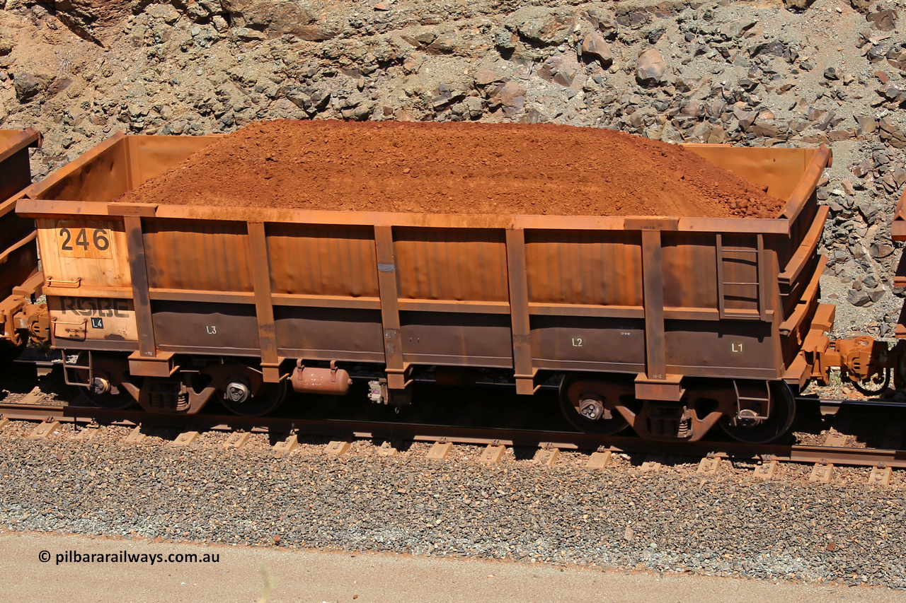 0246 160306 1654
Robe River ore waggon 246, built by Nippon Sharyo Nihon, fixed coupler non-handbrake side loaded view at the 45 km, Harding Siding on the Cape Lambert line. March 6, 2016.
Keywords: 246;Nippon-Sharyo-Nihon;Robe-ore-waggon;