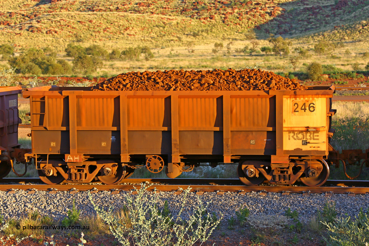 0246 170513 8726
Robe River ore waggon 246, built by Nippon Sharyo Nihon, handbrake side loaded view, Cape Lambert yard, May 13, 2017.
Keywords: 246;Nippon-Sharyo-Nihon;Robe-ore-waggon;