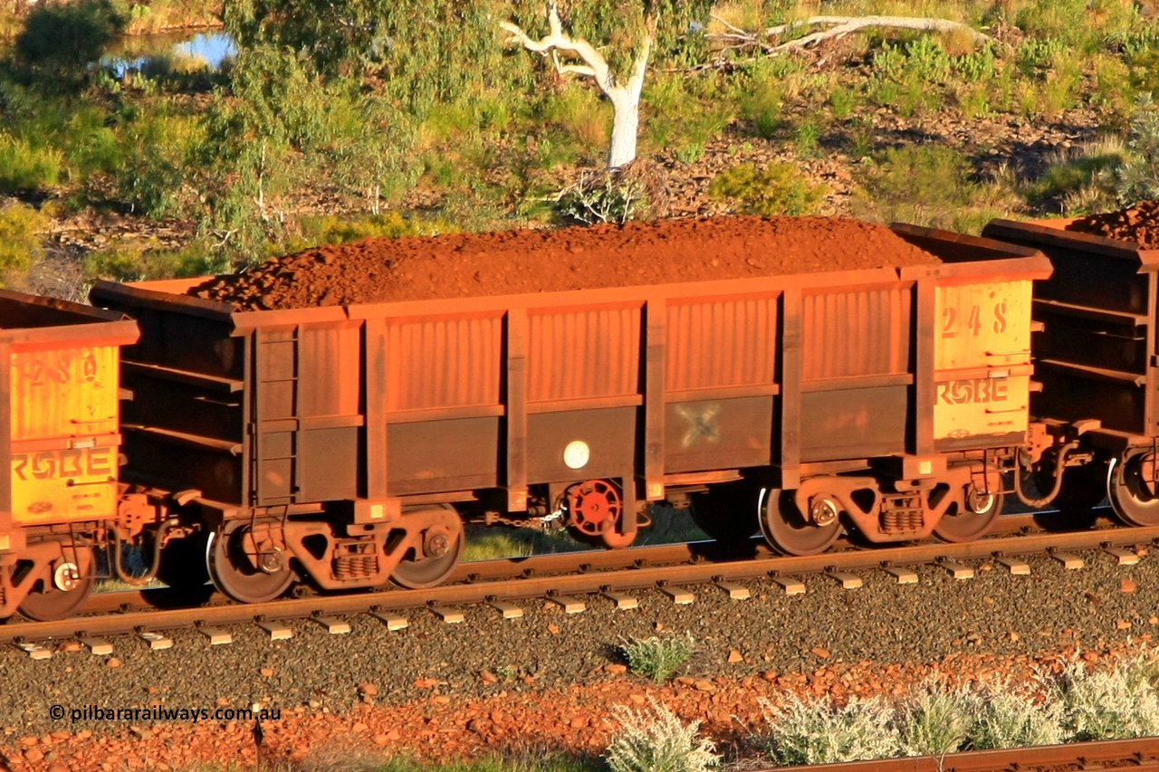 0248 110602 1599
Robe River ore waggon 248, built by Nippon Sharyo Nihon, fixed coupler handbrake side loaded view at the 71 km, Western Creek on the Deepdale line. June 2, 2011.
Keywords: 248;Nippon-Sharyo-Nihon;Robe-ore-waggon;