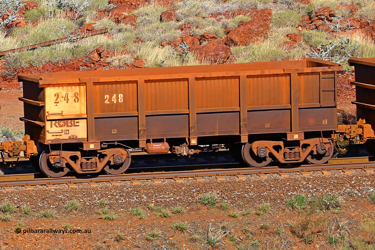 0248 180616 1716
Robe River ore waggon 248, built by Nippon Sharyo Nihon, rotary coupler end non-handbrake side empty view at the 38 km, Harding on the Cape Lambert line, June 16, 2018.
Keywords: 248;Nippon-Sharyo-Nihon;Robe-ore-waggon;