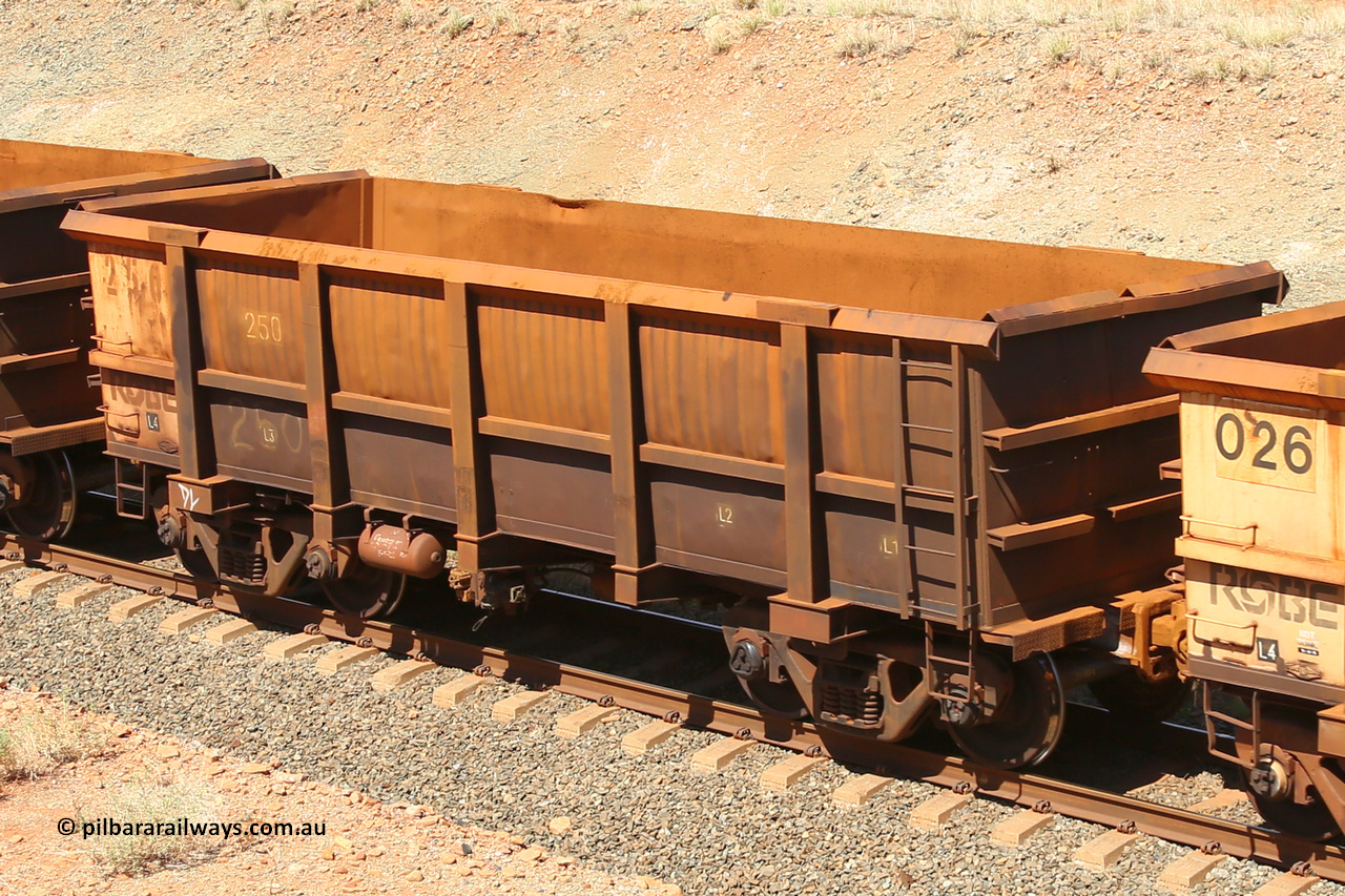 0250 160306 1344
Robe River ore waggon 250, built by Nippon Sharyo Nihon, fixed coupler non-handbrake side empty view at Greenpool on the Cape Lambert line. March 6, 2016.
Keywords: 250;Nippon-Sharyo-Nihon;Robe-ore-waggon;