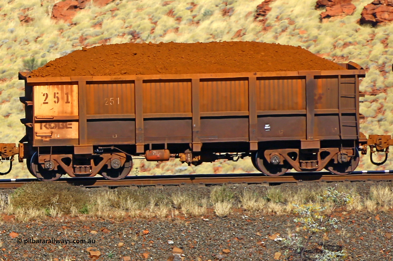0251 170728 09934
Robe River ore waggon 251, built by Nippon Sharyo Nihon, non-handbrake side loaded view at the 72 km, Western Creek on the Deepdale line. July 28, 2017.
Keywords: 251;Nippon-Sharyo-Nihon;Robe-ore-waggon;