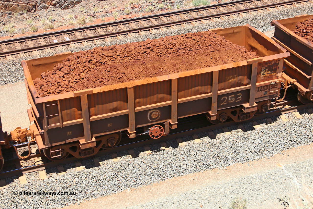 0253 160306 1486
Robe River ore waggon 253, built by Nippon Sharyo Nihon, fixed coupler handbrake side loaded view at the 45 km, Harding Siding on the Cape Lambert line. March 6, 2016.
Keywords: 253;Nippon-Sharyo-Nihon;Robe-ore-waggon;