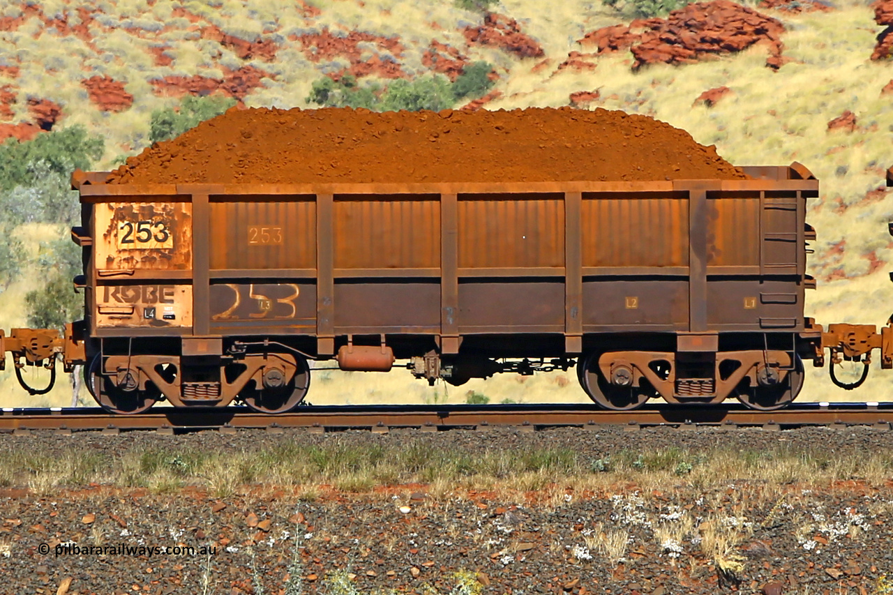 0253 170728 09913
Robe River ore waggon 253, built by Nippon Sharyo Nihon, non-handbrake side loaded view at the 72 km, Western Creek on the Deepdale line. July 28, 2017.
Keywords: 253;Nippon-Sharyo-Nihon;Robe-ore-waggon;