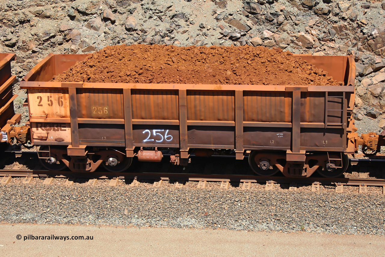 0256 160306 1523
Robe River ore waggon 256, built by Nippon Sharyo Nihon, fixed coupler non-handbrake side loaded view at the 45 km, Harding Siding on the Cape Lambert line. March 6, 2016.
Keywords: 256;Nippon-Sharyo-Nihon;Robe-ore-waggon;