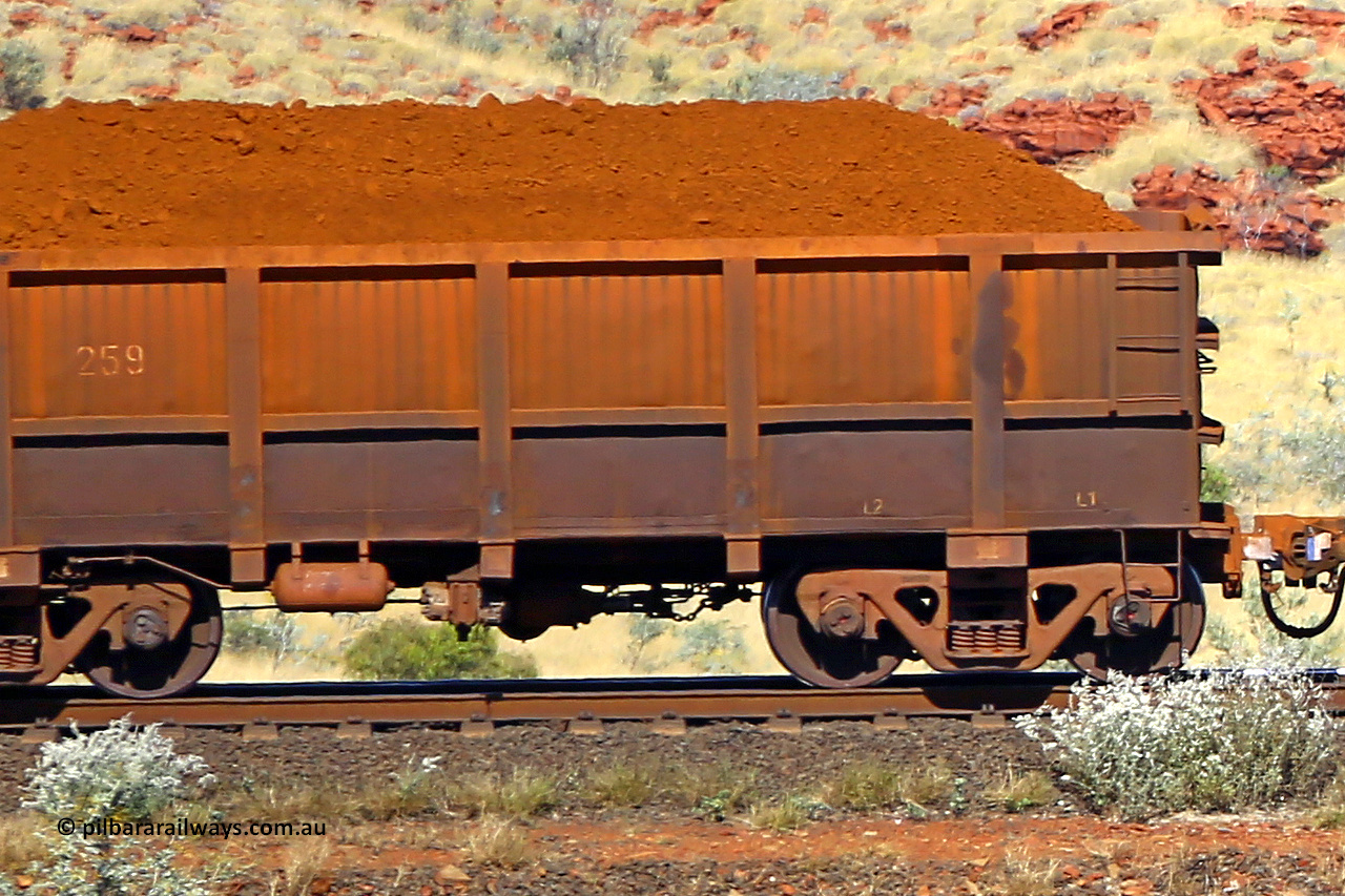 0259 170728 09922
Robe River ore waggon 259, built by Nippon Sharyo Nihon, non-handbrake side loaded partial view at the 72 km, Western Creek on the Deepdale line. July 28, 2017.
Keywords: 259;Nippon-Sharyo-Nihon;Robe-ore-waggon;