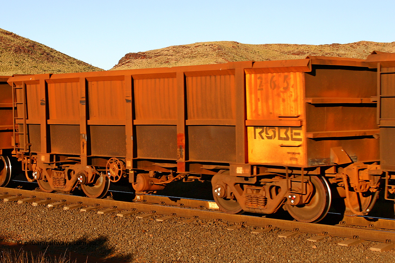 0265 060722 7622
Robe River ore waggon 265, built by Nippon Sharyo Nihon, rotary coupler end handbrake side empty view, at the 11.7 km, Cape Lambert. July 22, 2006.
Keywords: 265;Nippon-Sharyo-Nihon;Robe-ore-waggon;