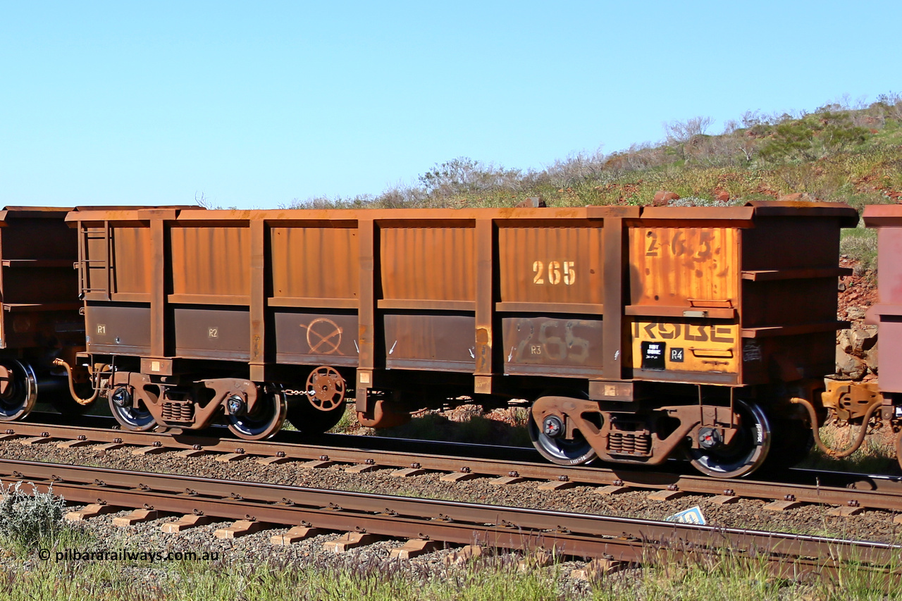 0265 160727 0990
Robe River ore waggon 265, built by Nippon Sharyo Nihon, rotary coupler end handbrake side empty view at Harding Siding on the Cape Lambert line, July 27, 2016.
Keywords: 265;Nippon-Sharyo-Nihon;Robe-ore-waggon;