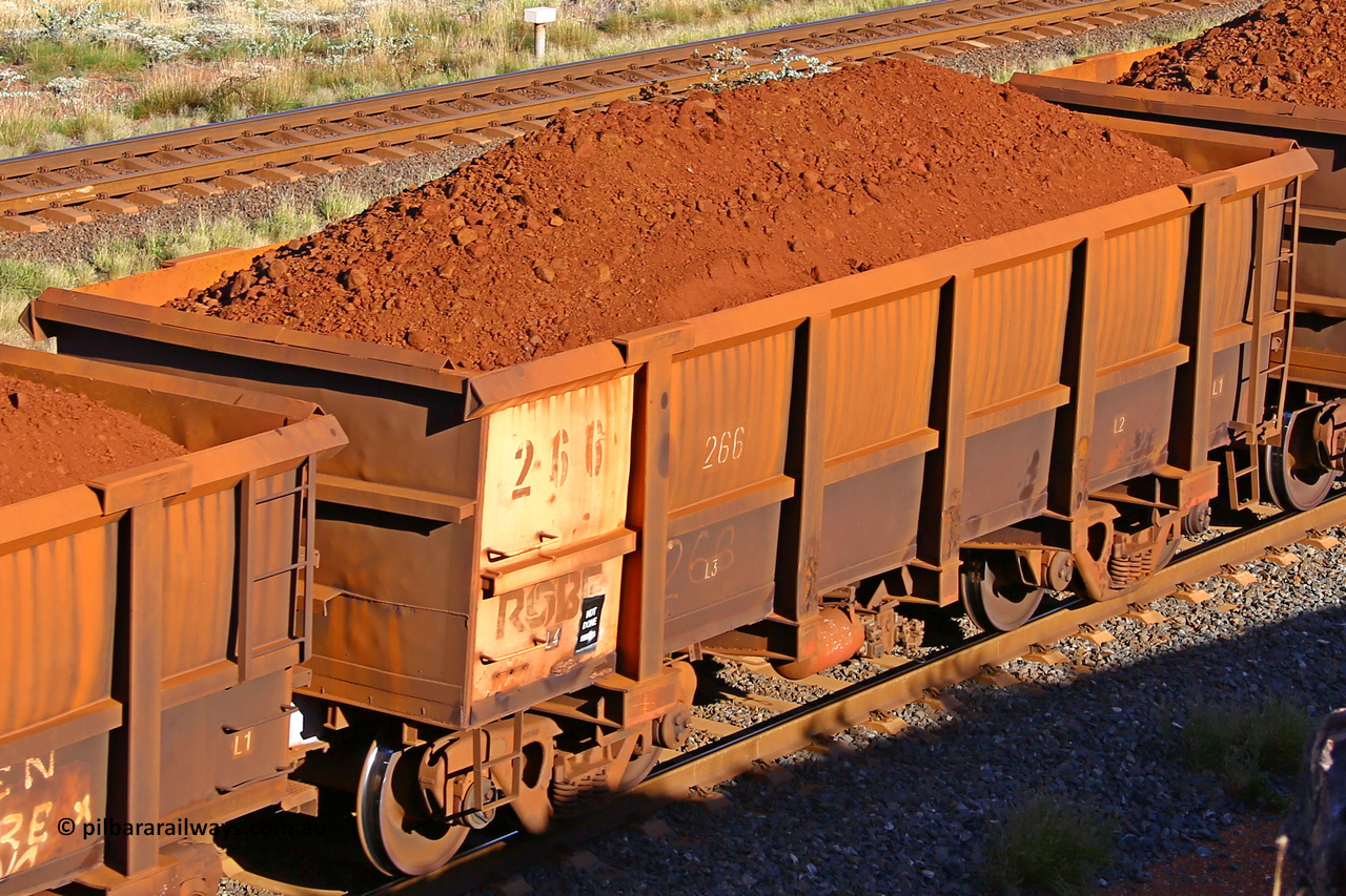 0266 210322 9780
Robe River ore waggon 266, built by Nippon Sharyo Nihon, rotary coupler end non-handbrake side loaded view at the 17 km on the Cape Lambert line, March 22, 2021.
Keywords: 266;Nippon-Sharyo-Nihon;Robe-ore-waggon;