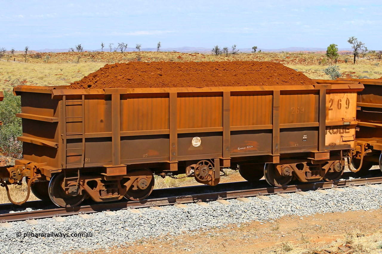 0269 170729 0221
Robe River ore waggon 269, built by Nippon Sharyo Nihon, fixed coupler handbrake side loaded view at the 103 km, between Maitland Siding and the Fortescue River on the Deepdale line. July 29, 2017.
Keywords: 269;Nippon-Sharyo-Nihon;Robe-ore-waggon;