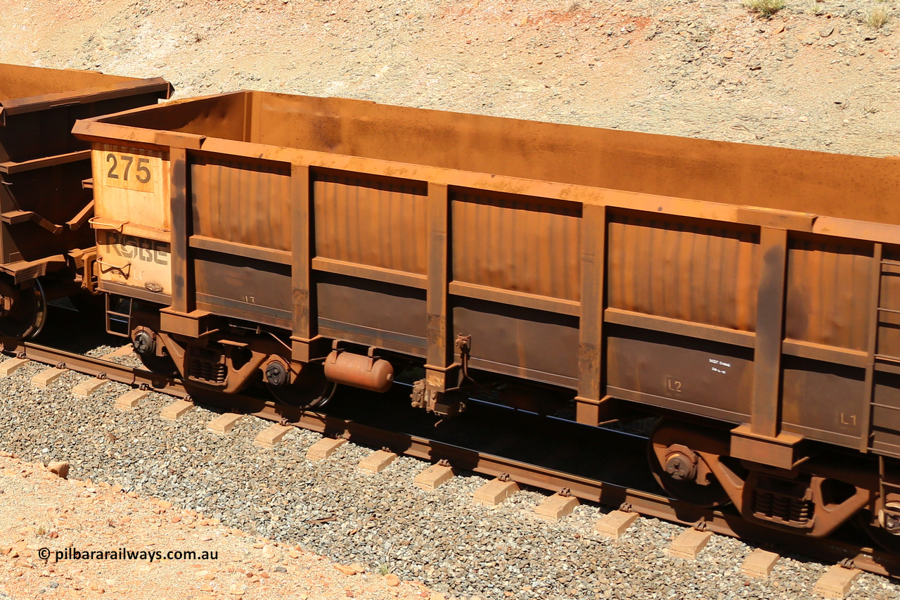 0275 160306 1323
Robe River ore waggon 275, built by Nippon Sharyo Nihon, fixed coupler non-handbrake side empty partial view at Greenpool on the Cape Lambert line. March 6, 2016.
Keywords: 275;Nippon-Sharyo-Nihon;Robe-ore-waggon;