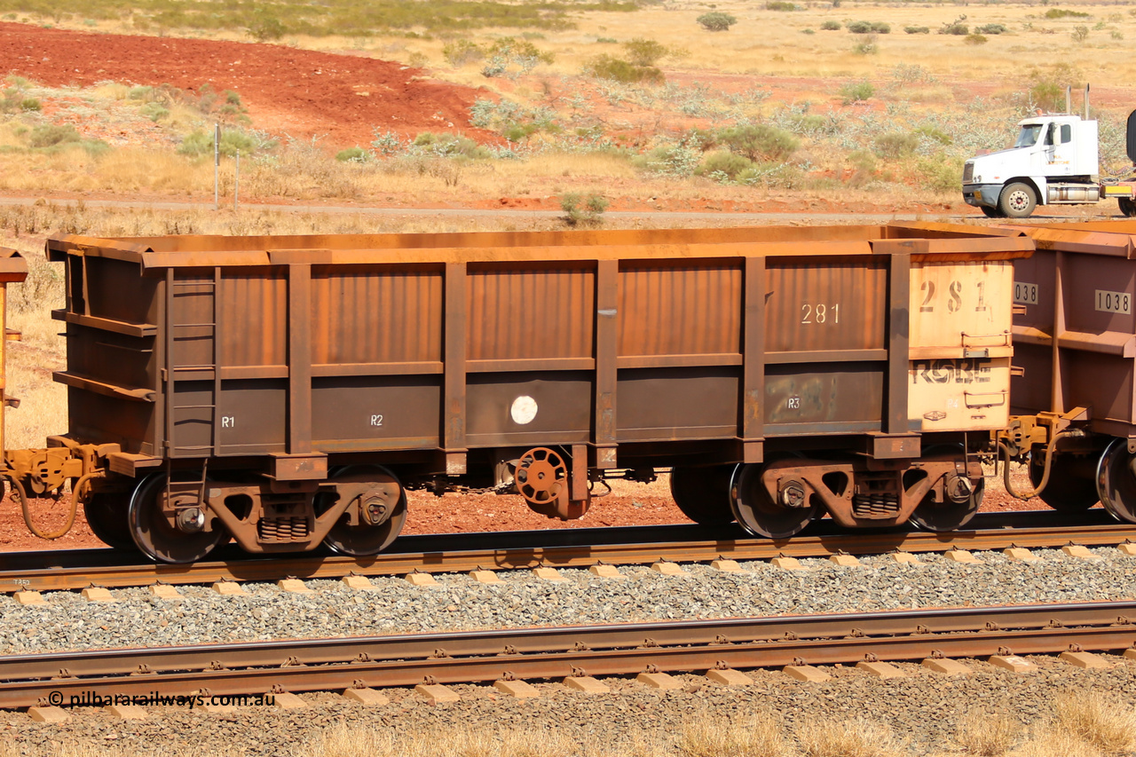 0281 141124 6817
Robe River ore waggon 281, built by Nippon Sharyo Nihon, fixed coupler handbrake side empty view at the 25 km at Arches Siding on the Cape Lambert line. November 24, 2014.
Keywords: 281;Nippon-Sharyo-Nihon;Robe-ore-waggon;