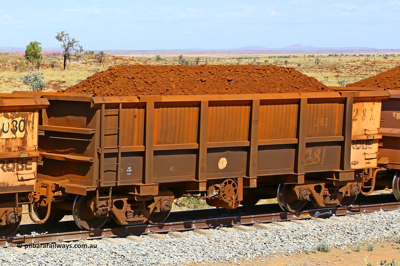 0281 170729 0209
Robe River ore waggon 281, built by Nippon Sharyo Nihon, fixed coupler handbrake side loaded view at the 103 km, between Maitland Siding and the Fortescue River on the Deepdale line. July 29, 2017.
Keywords: 281;Nippon-Sharyo-Nihon;Robe-ore-waggon;